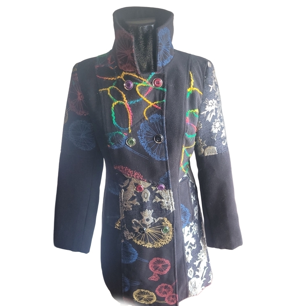 Goa Black Double Breasted Multi Colored Detail Mid-length Coat Size M - Picture 4 of 10